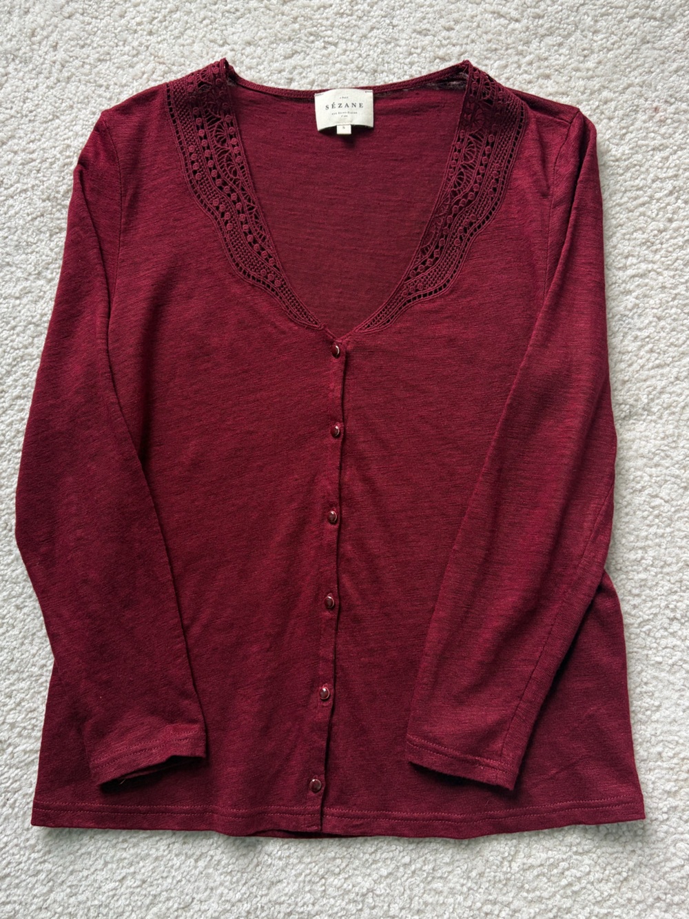 Sezane Linen Burgundy Button-Front Lace-Trim Top